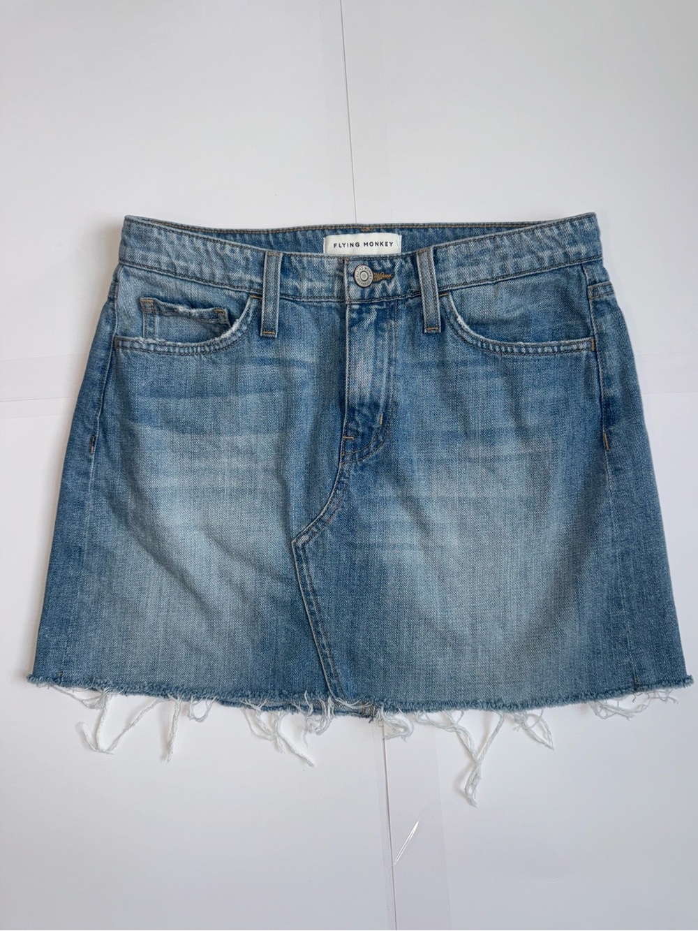 Flying Monkey Light Blue Frayed Hem Denim Mini Skirt
